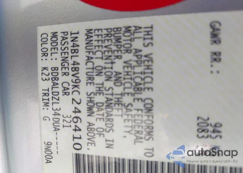 2019 Nissan Altima 2.5 S из США, поврежденный, VIN 1N4BL4BV9KC246410